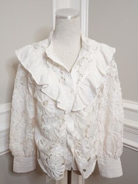 Fanco Lace Ruffle Embroidered Blouse, Size S